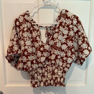 Floral Blouse with Elastic Waist and Tie Back